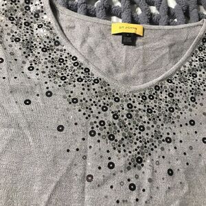 ST JOHN Oversized Short Sleeve Shirt Size Medium Grey Sequin Silver Embellish